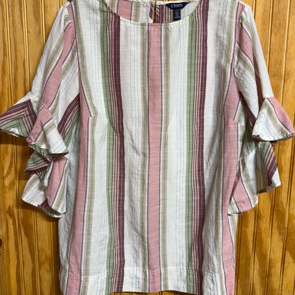 Chaps Pink and Gray Flutter Sleeve Blouse